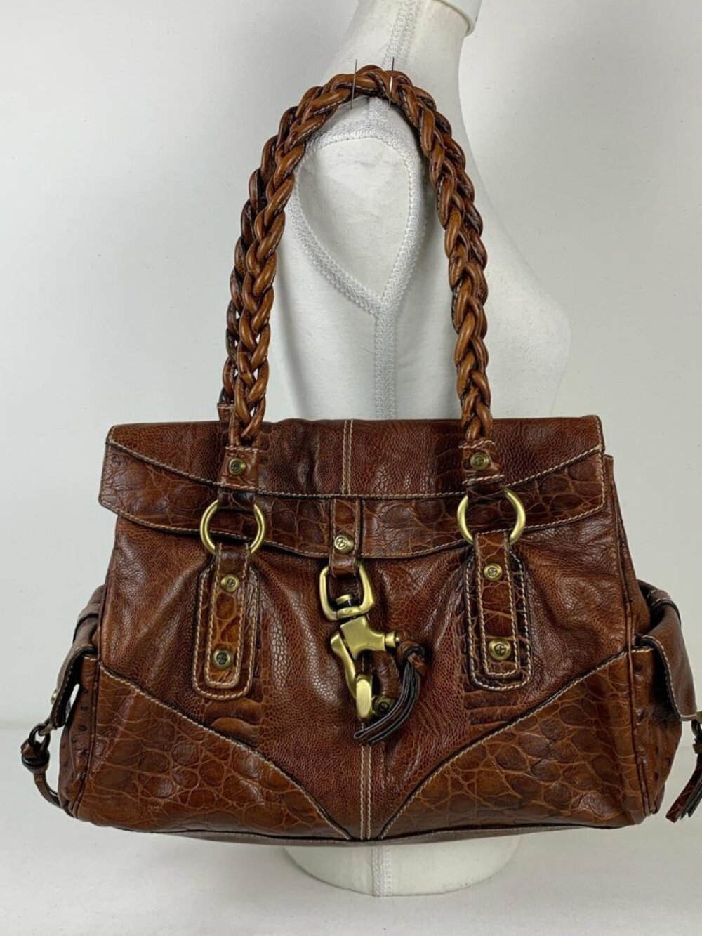 Francesco Biasia Brown Leather Shoulder Bag with Braided Handles & Brass Hardwar